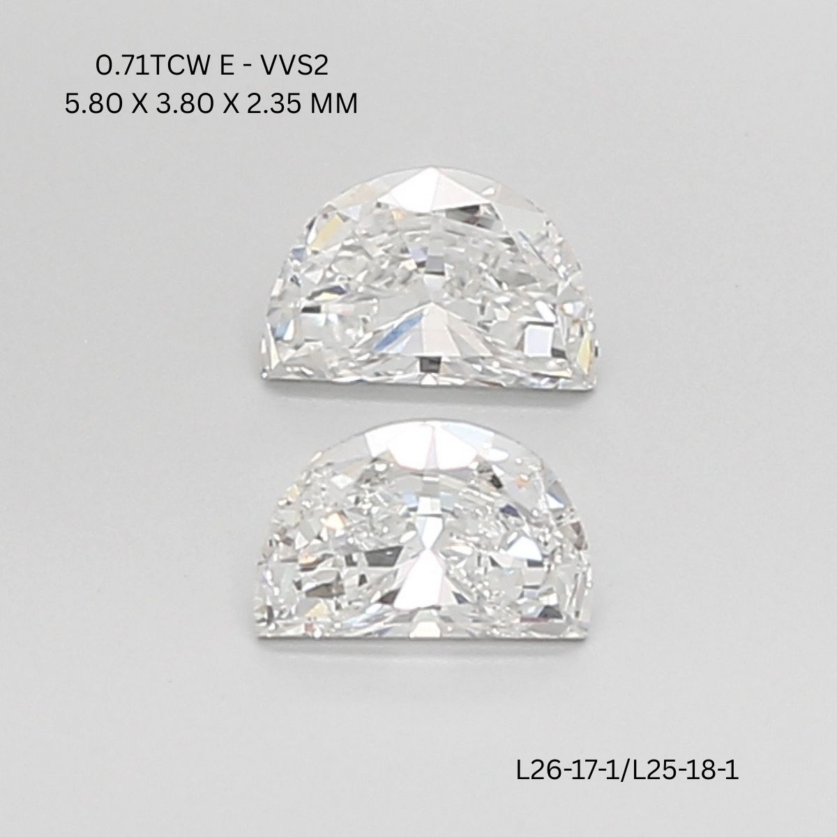 0.71 CT E VVS2 HALF MOON diamond Pairs Inventory