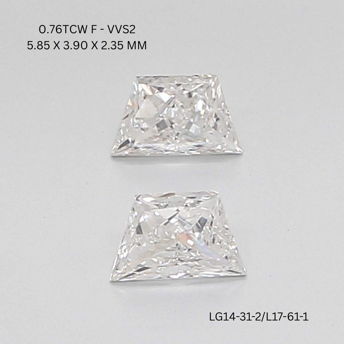 0.76 CT F VVS2 TRAPEZOID diamond Pairs Inventory