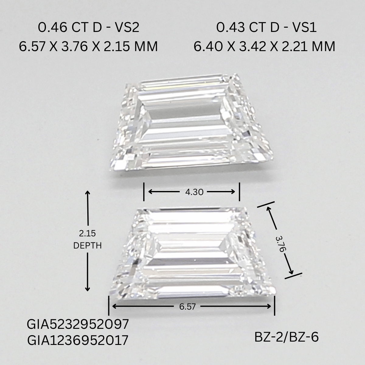 0.9 CT E VVS2 TRAPEZOID diamond Pairs Inventory
