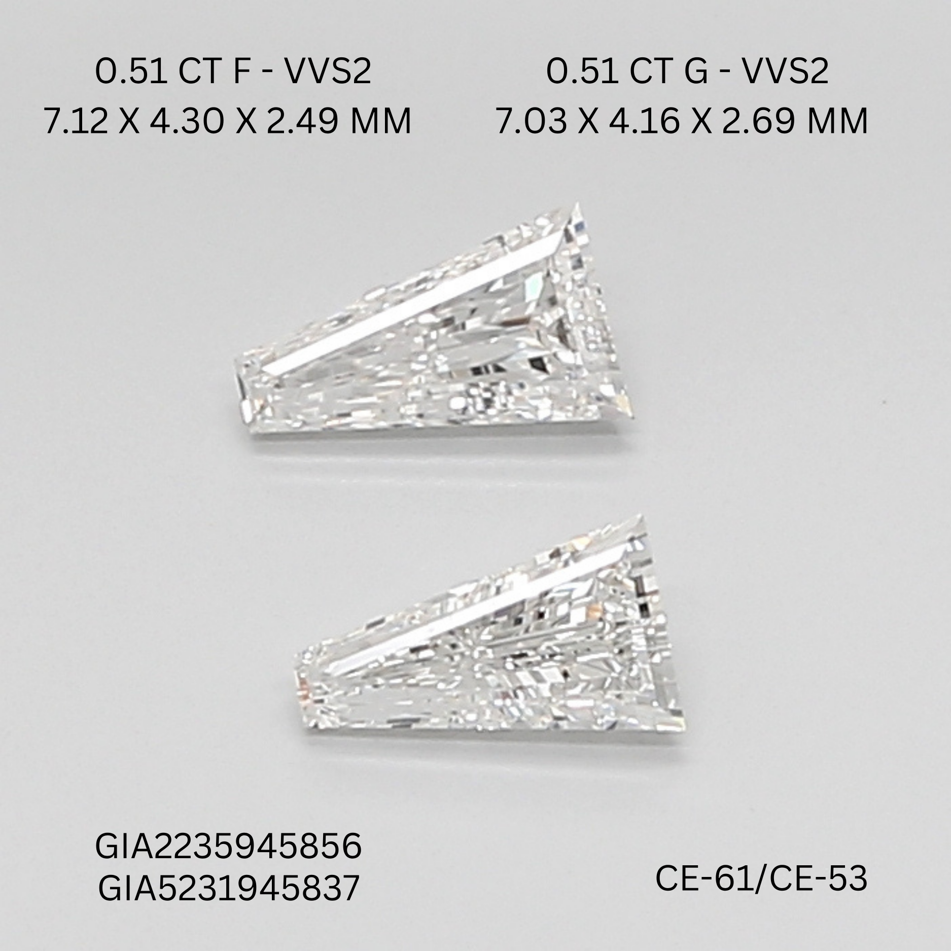 1.02 CT G VVS2 TAPER diamond Pairs Inventory